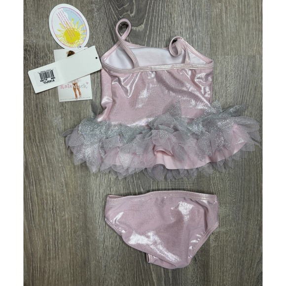 Kate Mack Baby Girl's Pink Silver Shimmer Ruffle 2 Piece Swimsuit SPF Sz 9 Month - Picture 2 of 2